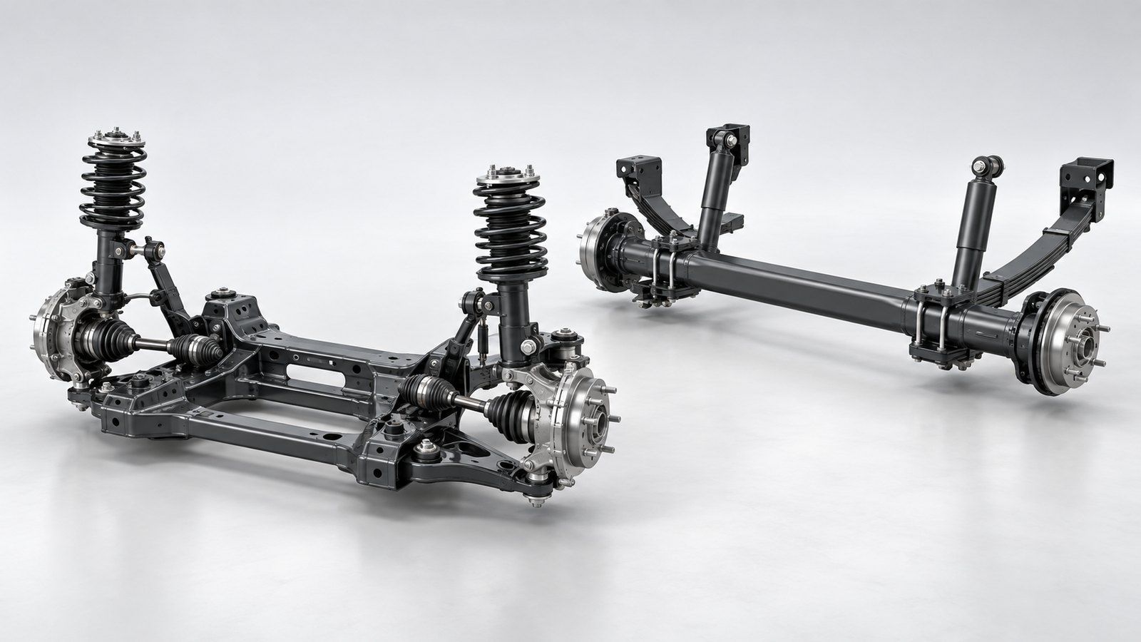 Front and rear axle assemblies of a van with springs and hub carriers