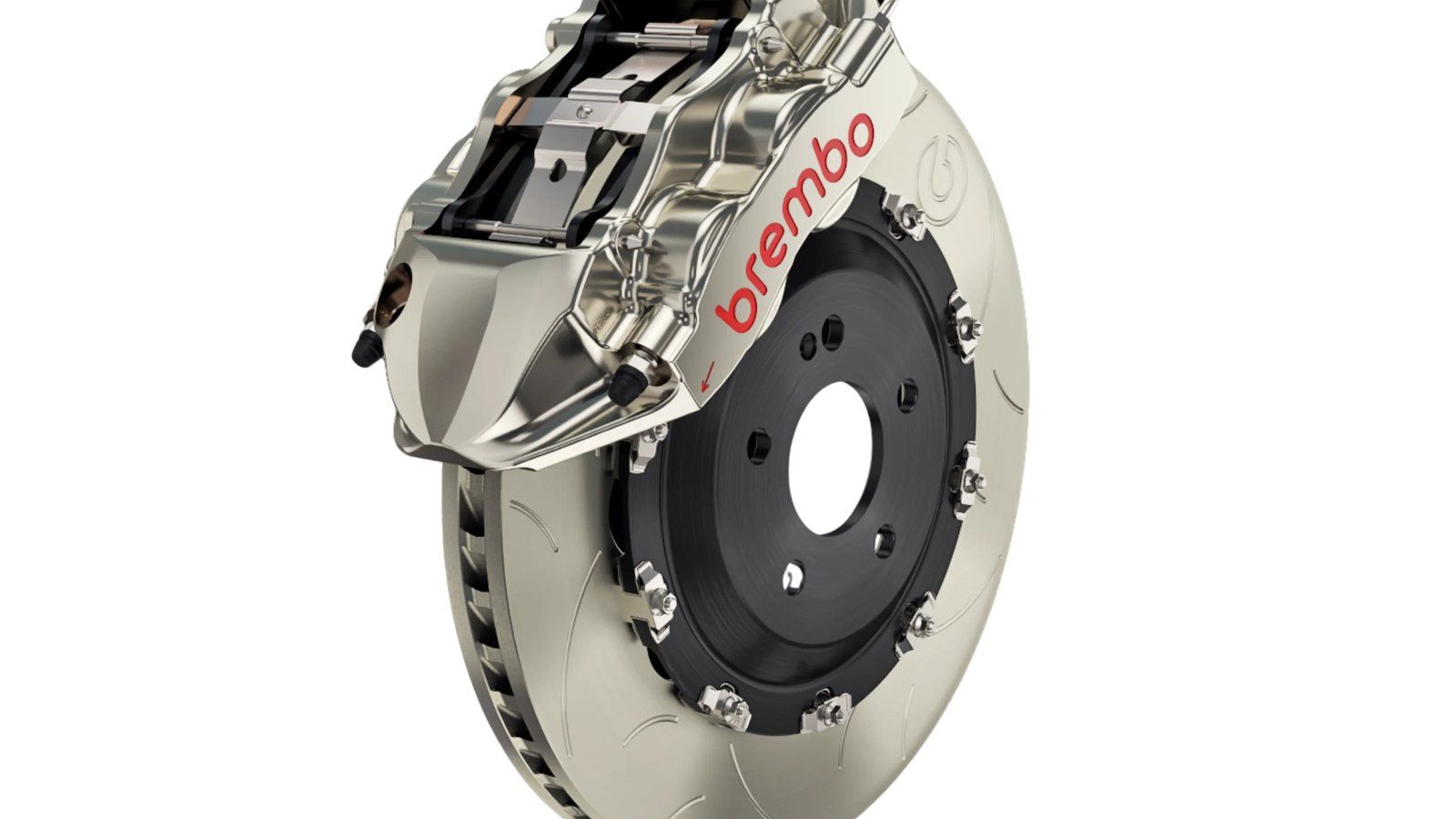 Disc brake caliper and pad assembly on a workbench