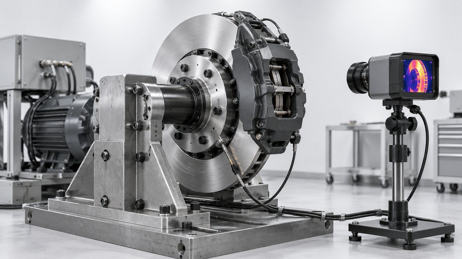 Brake disc and caliper on a test bench with a thermal camera