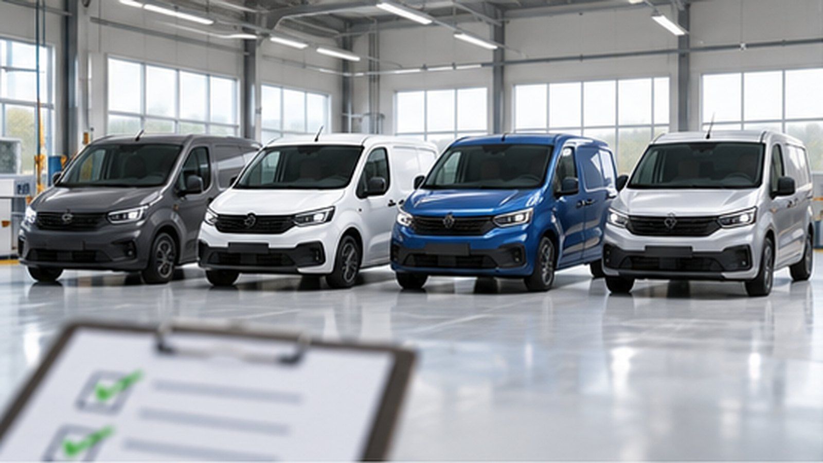 Four unbranded compact vans in an inspection hall with a checklist in the foreground