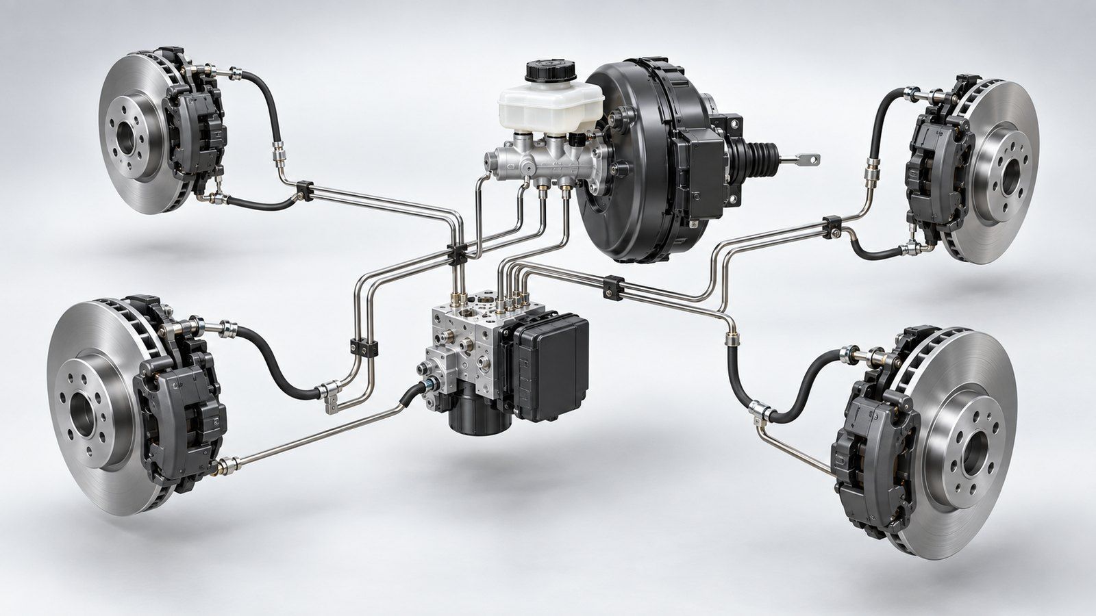 Exploded view of a complete car braking system: discs, calipers, booster and hydraulic unit