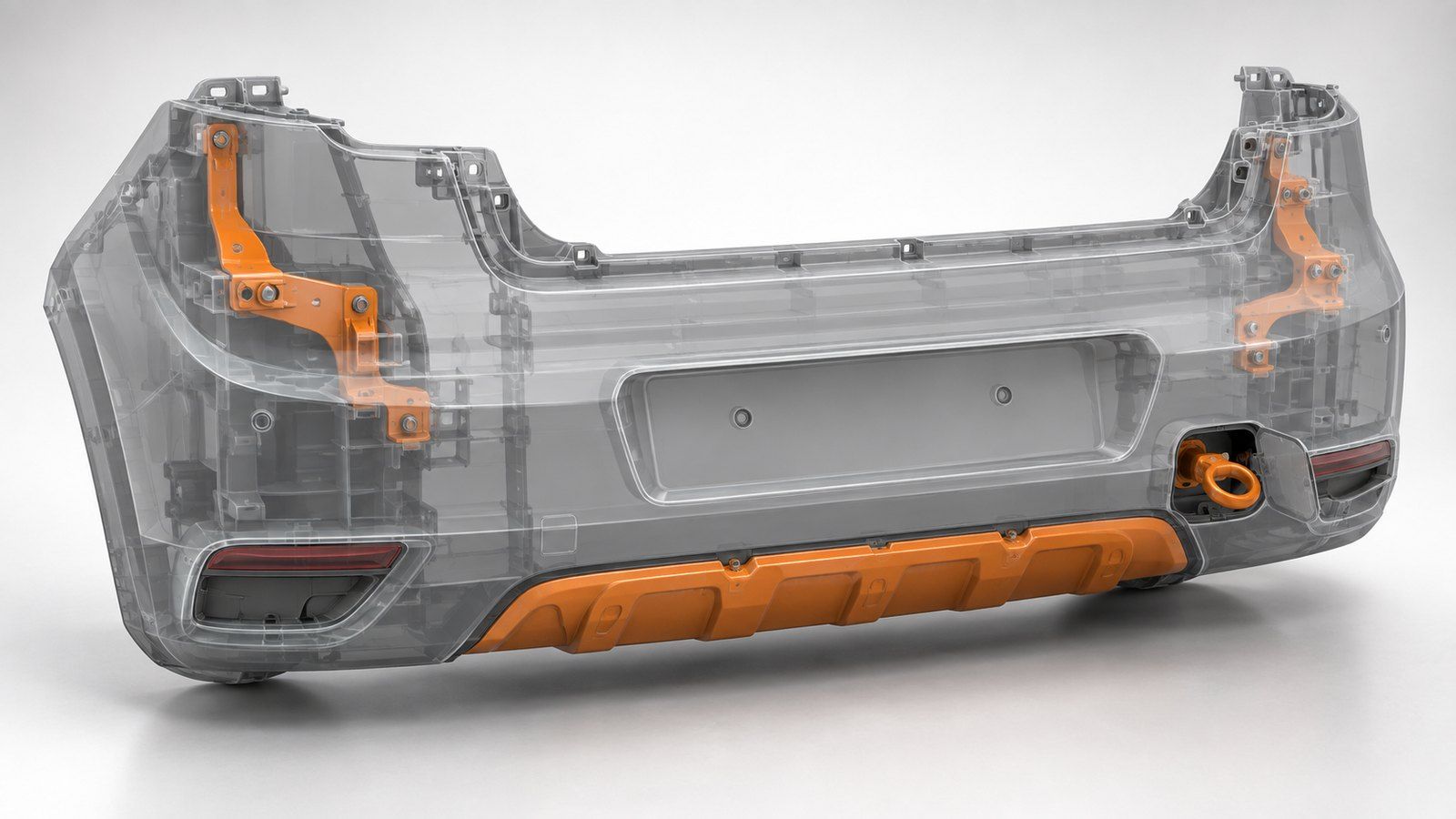 Translucent CAD view of a hatchback rear bumper with brackets and tow hook highlighted in orange