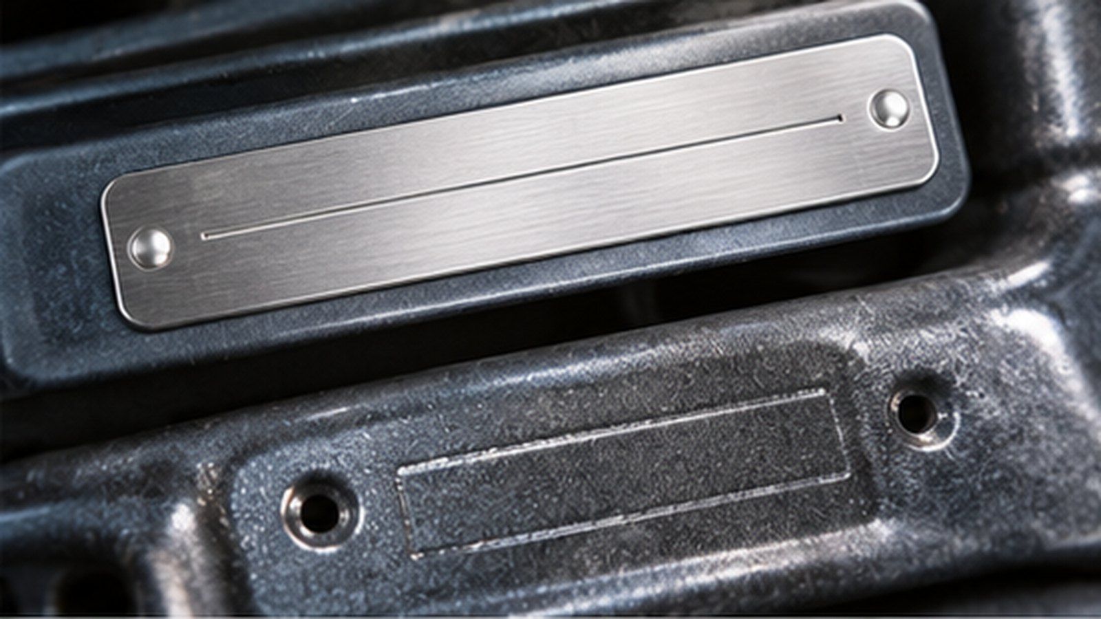 Close-up of a blank metal identification plate riveted to a vehicle body