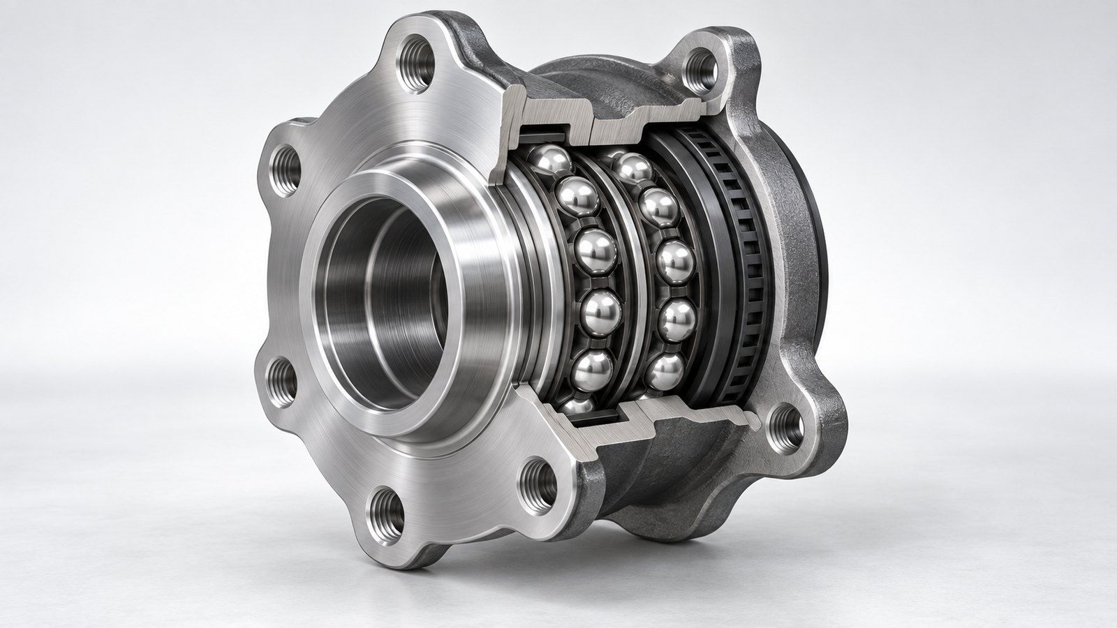 Cutaway of a wheel hub bearing unit with integrated flange and ABS encoder ring
