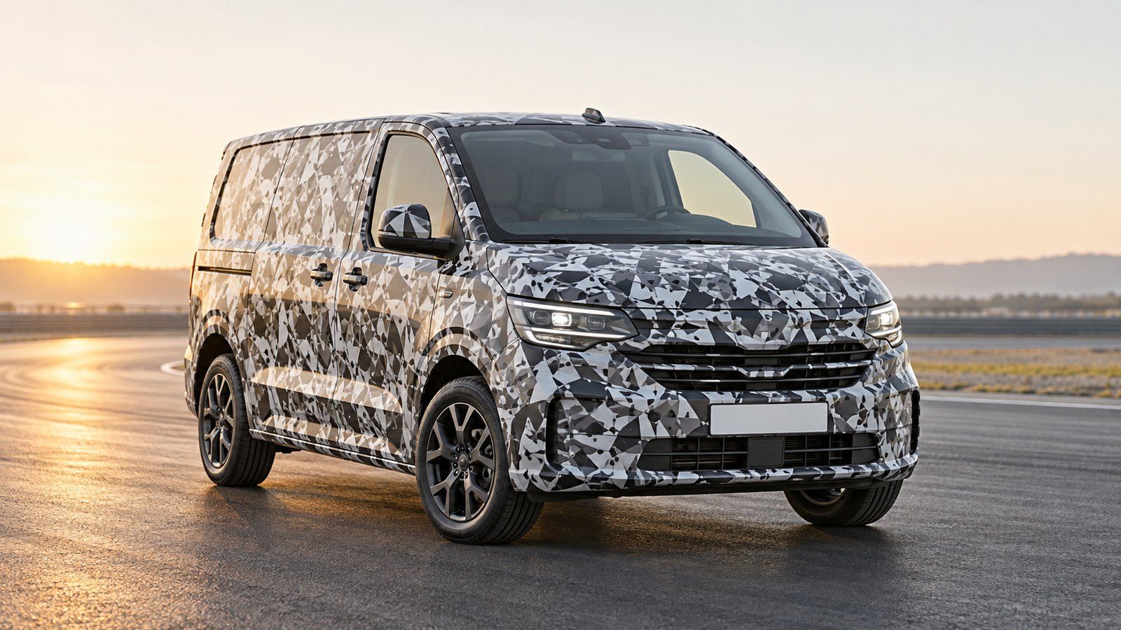 Camouflaged prototype van with a blank temporary plate on a test track
